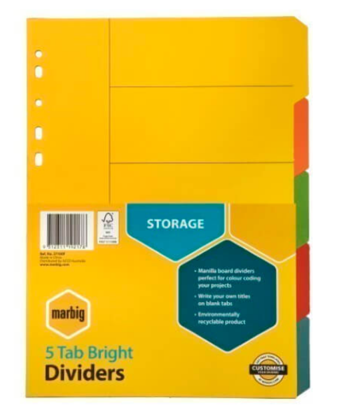 Picture of MARBIG MANILLA DIVIDERS A4 5 TAB BRIGHT