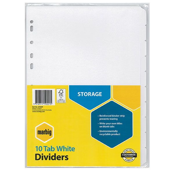 Picture of MARBIG INDICES AND DIVIDERS 10 TAB A4 MANILLA WHITE
